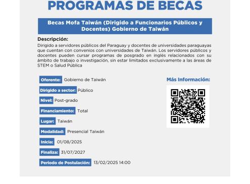 Flyer de postulación para el programa de becas financiado por el Gobierno de Taiwán